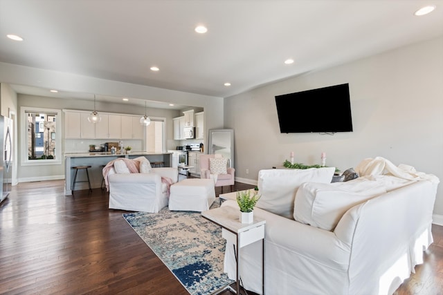 living room with dark wood-type flooring