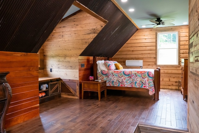 bedroom featuring dark hardwood / wood-style flooring, vaulted ceiling, ceiling fan, and wood walls