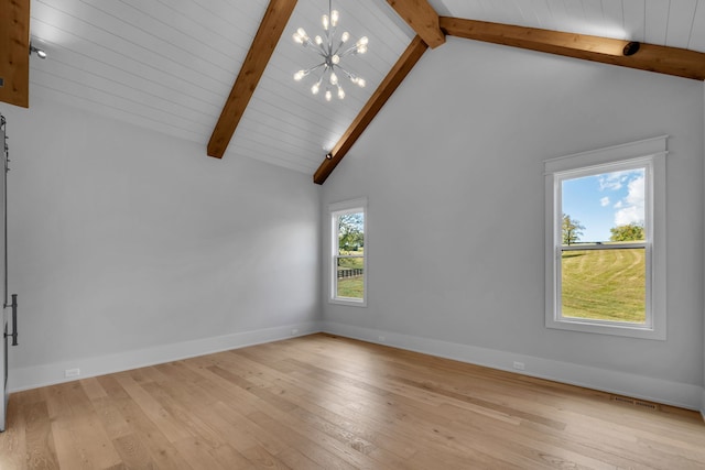 unfurnished living room with light hardwood / wood-style floors, a healthy amount of sunlight, beam ceiling, and high vaulted ceiling