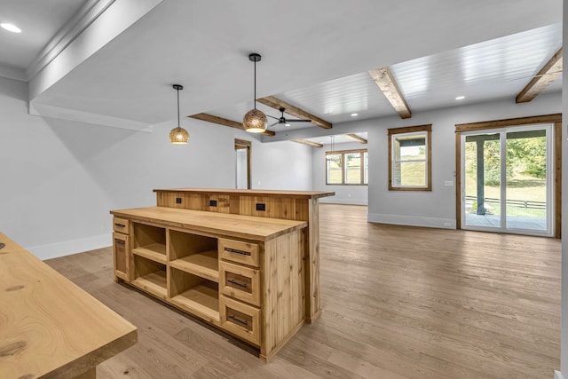 bar with wooden ceiling, ceiling fan, light hardwood / wood-style floors, decorative light fixtures, and beam ceiling