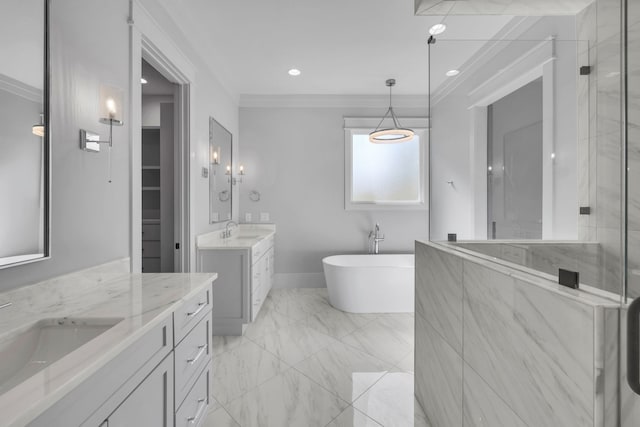 bathroom featuring vanity, ornamental molding, and plus walk in shower