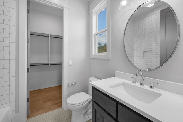 bathroom featuring wood-type flooring, vanity, and toilet