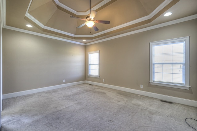 spare room featuring ceiling fan, a healthy amount of sunlight, crown molding, and a tray ceiling