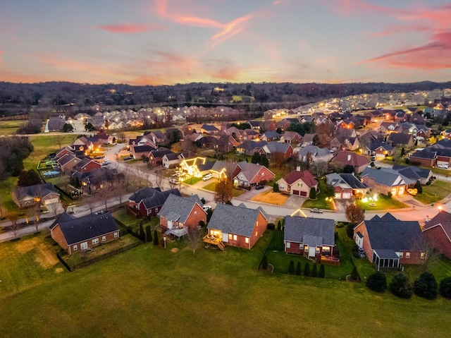 view of aerial view at dusk