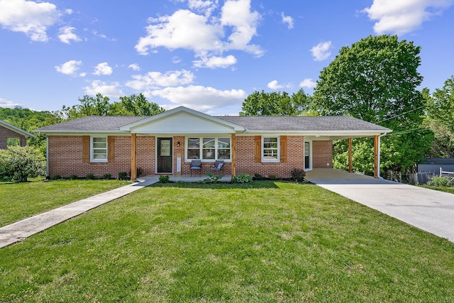 ranch-style house with a carport, a porch, and a front yard