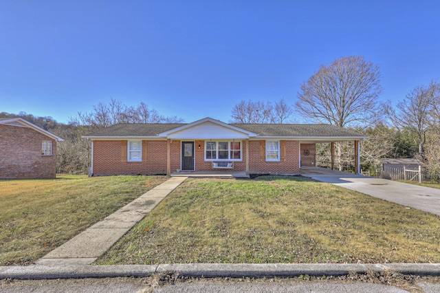 single story home with a carport, a porch, and a front lawn