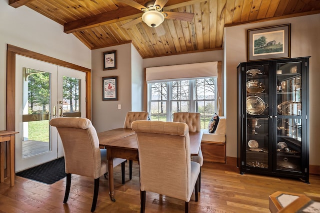 dining room with plenty of natural light, lofted ceiling with beams, wood-type flooring, and wooden ceiling