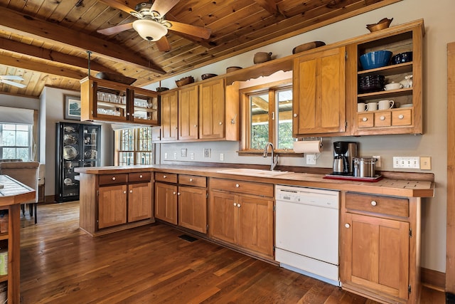 kitchen featuring white dishwasher, dark wood-type flooring, sink, wooden ceiling, and vaulted ceiling with beams