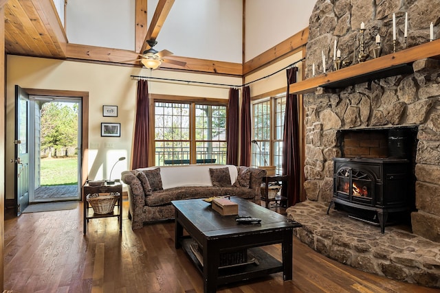 living room with a wood stove, a wealth of natural light, high vaulted ceiling, and hardwood / wood-style flooring