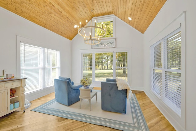 sitting room featuring light wood-type flooring, plenty of natural light, and wooden ceiling