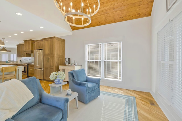 sitting room featuring a chandelier, light hardwood / wood-style floors, and wooden ceiling