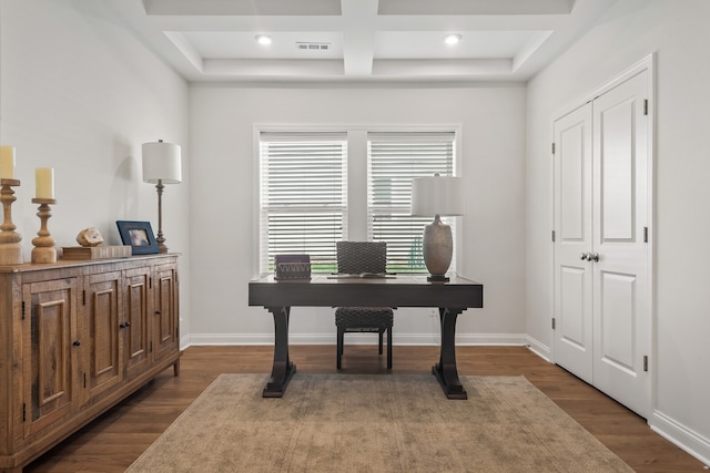 office area featuring hardwood / wood-style floors and coffered ceiling