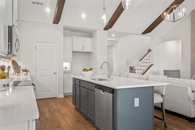 kitchen featuring pendant lighting, stainless steel appliances, white cabinetry, and a kitchen island with sink