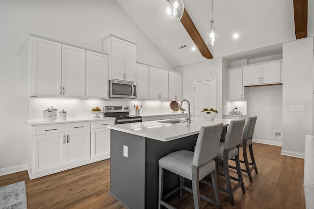 kitchen with sink, white cabinetry, stainless steel appliances, and a kitchen island with sink