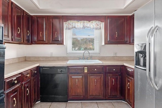 kitchen featuring stainless steel fridge with ice dispenser, sink, light tile patterned floors, and black dishwasher