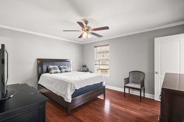 bedroom with ceiling fan, crown molding, and dark wood-type flooring