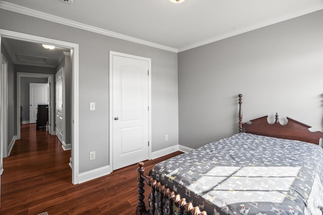 bedroom featuring dark hardwood / wood-style flooring and ornamental molding