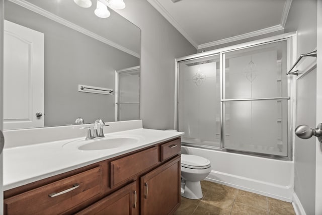 full bathroom with vanity, toilet, crown molding, and bath / shower combo with glass door