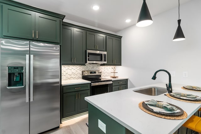 kitchen with sink, stainless steel appliances, backsplash, pendant lighting, and light hardwood / wood-style floors