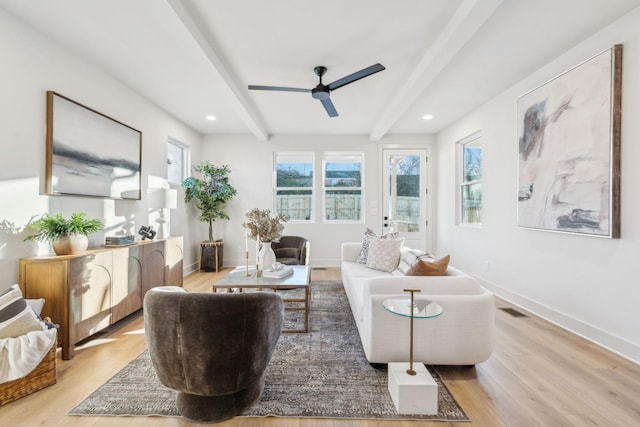 living room with beam ceiling, light hardwood / wood-style floors, and ceiling fan