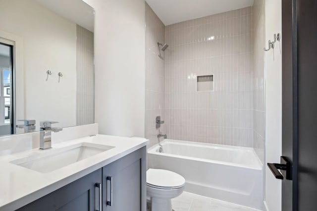 full bathroom featuring shower / bathtub combination, toilet, tile patterned floors, and vanity