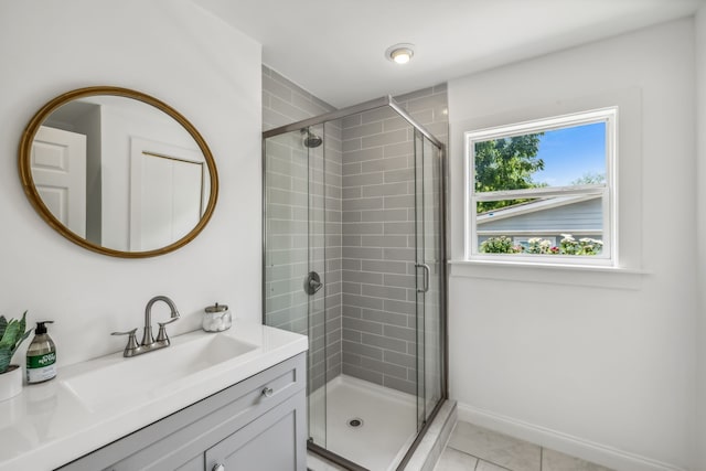 bathroom featuring tile patterned floors, vanity, and walk in shower