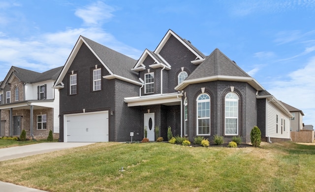 view of front facade featuring a front yard and a garage