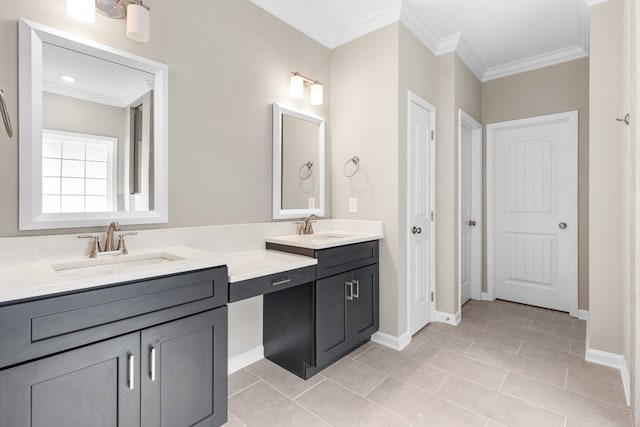 bathroom featuring vanity, tile patterned floors, and crown molding