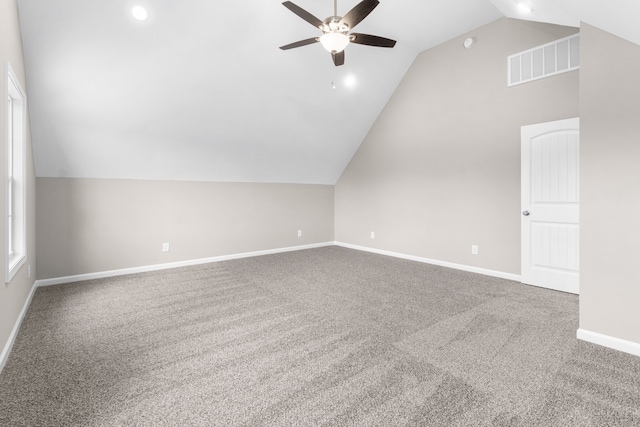 bonus room featuring carpet flooring, ceiling fan, and lofted ceiling