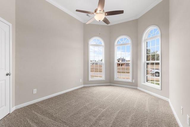 empty room with carpet floors, ceiling fan, and crown molding