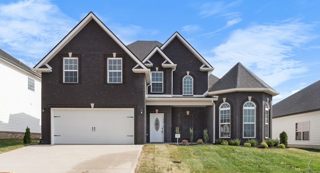 view of front property featuring a garage and a front lawn