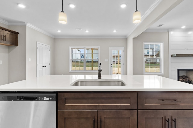 kitchen with decorative light fixtures, stainless steel dishwasher, and a wealth of natural light