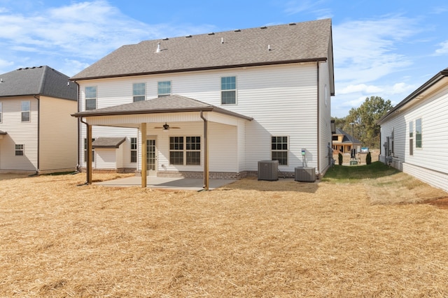 rear view of property with ceiling fan, a patio area, and central air condition unit