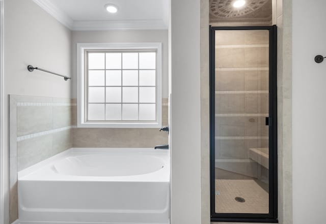 bathroom with plus walk in shower and ornamental molding