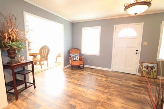 entrance foyer with ornamental molding and hardwood / wood-style flooring