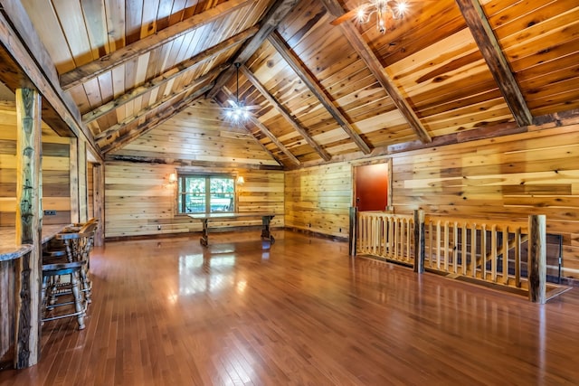 bonus room featuring dark hardwood / wood-style flooring, ceiling fan, lofted ceiling with beams, wooden ceiling, and wood walls