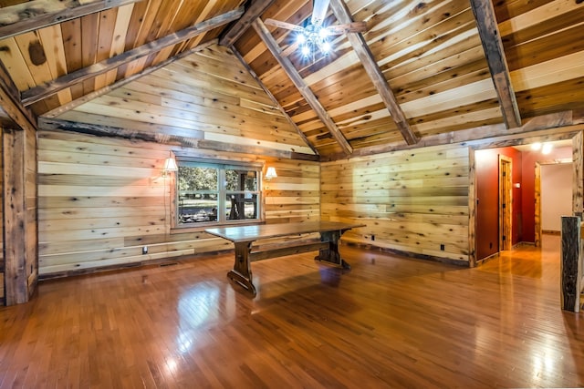 rec room with hardwood / wood-style floors, lofted ceiling with beams, wood ceiling, and wood walls