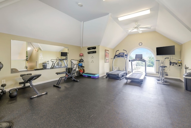 gym with vaulted ceiling and ceiling fan