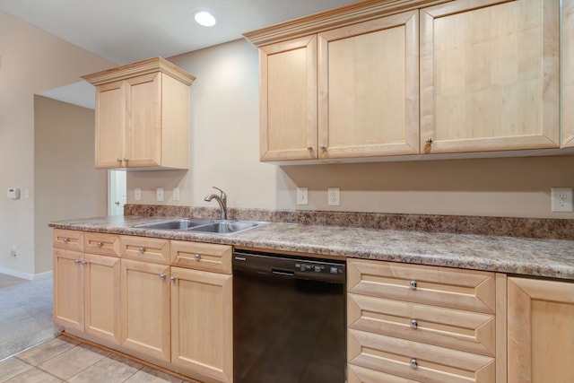 kitchen with light brown cabinetry, dishwasher, light tile patterned floors, and sink