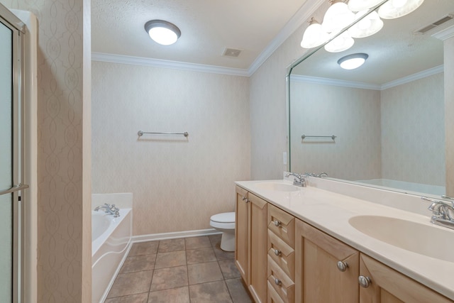 bathroom featuring toilet, a bathtub, and crown molding