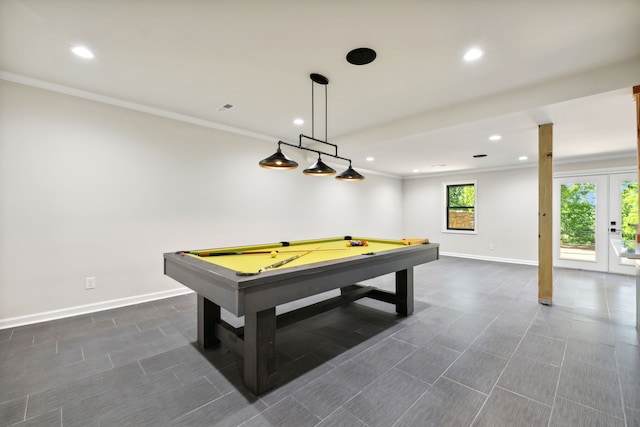 recreation room featuring ornamental molding, pool table, and french doors