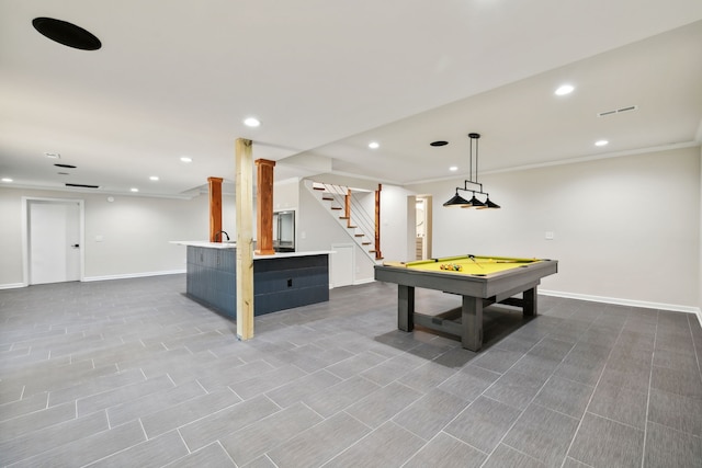 playroom featuring ornamental molding and pool table