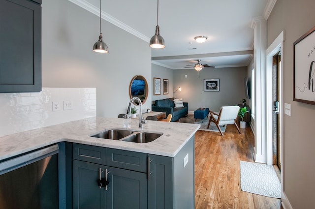 kitchen with sink, stainless steel dishwasher, kitchen peninsula, crown molding, and light wood-type flooring