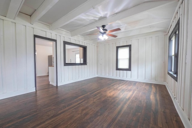 spare room with beam ceiling, ceiling fan, dark hardwood / wood-style flooring, and wood walls