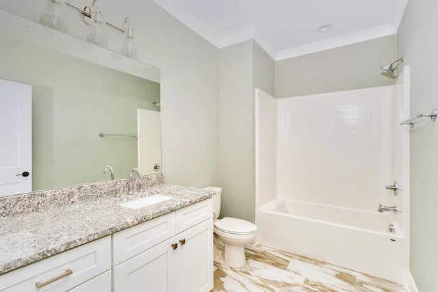 full bathroom with vanity,  shower combination, toilet, and ornamental molding