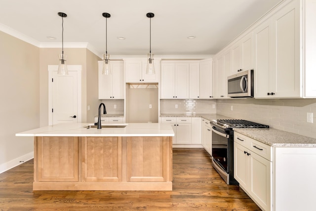 kitchen with sink, an island with sink, stainless steel appliances, and wood-type flooring