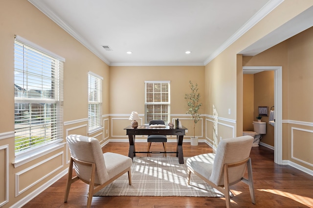 office area featuring dark wood-type flooring and ornamental molding