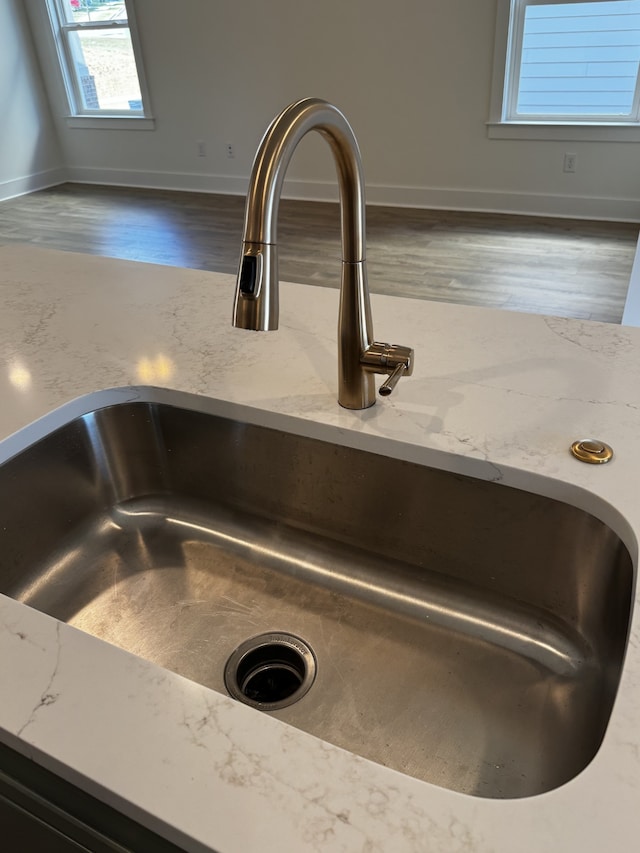 room details with sink, dark wood-type flooring, and light stone counters