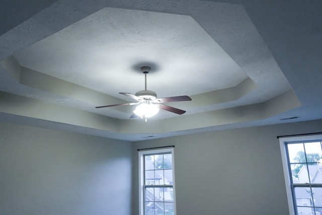 details featuring ceiling fan and a tray ceiling