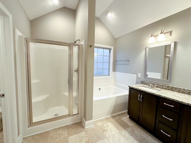 full bathroom with a textured ceiling, toilet, vaulted ceiling, vanity, and shower with separate bathtub